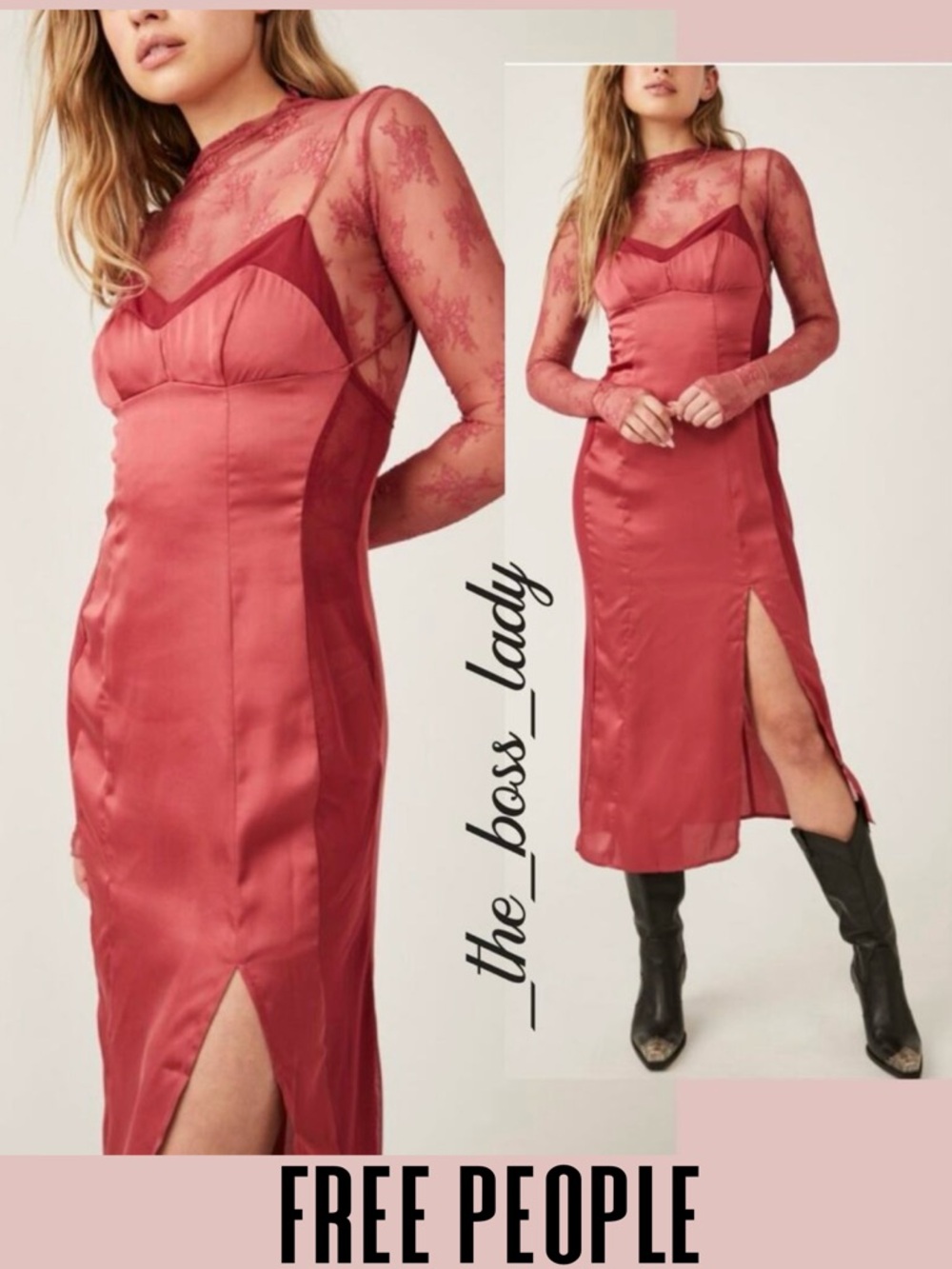 Free People maxi dress in satin maxi slip side slit boho evening long Large